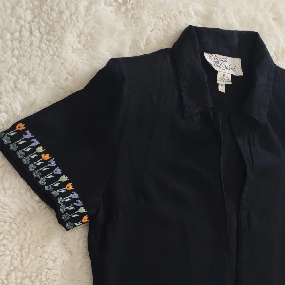 Sarah Elizabeth Black Short Sleeve Shirt with Embroidered Sleeves - Picture 16 of 17